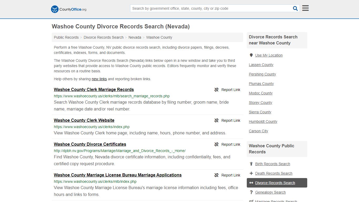 Washoe County Divorce Records Search (Nevada) - County Office